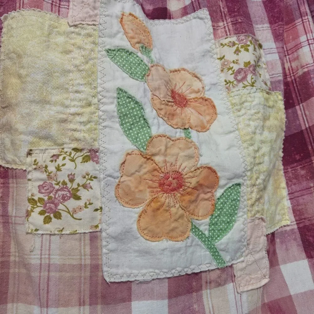 Upcycled Shabby Patchwork Flannel Shirt L Flower Festival Artsy Boho Hippie - Picture 8 of 11